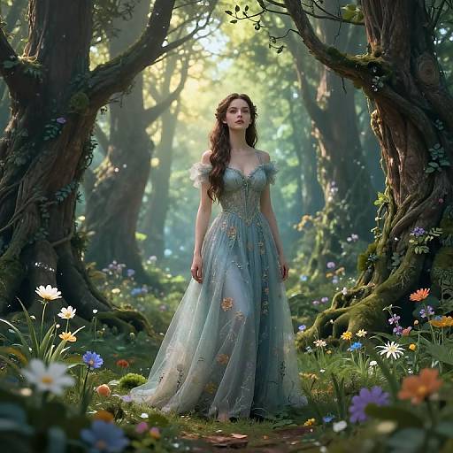 Photorealistic digital art: Enchanted forest scene with a long-haired, fair-skinned woman in a blue, floral-embellished ball
