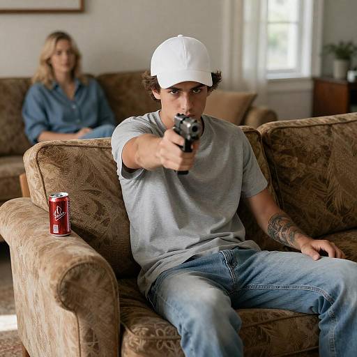 Intense Young Man in Living Room Scene