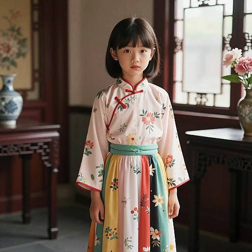 Photograph of an Asian girl with short black hair, wearing a white floral kimono with colorful skirt, standing in a traditional wooden room with floral vase