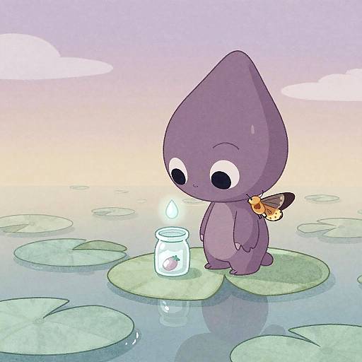 Whimsical Alien Dewdrop Collector on Lilypads