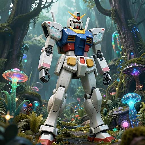 Digital art of a colorful, towering, white and red robotic warrior standing in a mystical, glowing forest filled with bioluminescent mushrooms.