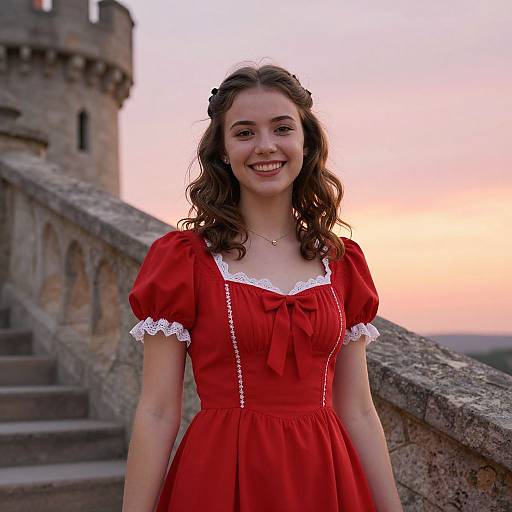 Photograph of a smiling young woman with wavy brown hair, wearing a red dress with white lace, standing on stone steps in front of a castle