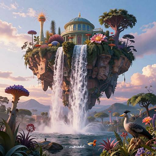 Fantastical digital painting of a floating island with a cascading waterfall, ornate dome building, colorful flowers, and exotic birds, set against a