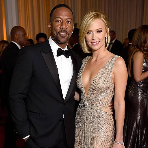 Photograph of a Black man in a black tuxedo with a bow tie and a blonde woman in a sparkling, deep V-neck gown at a