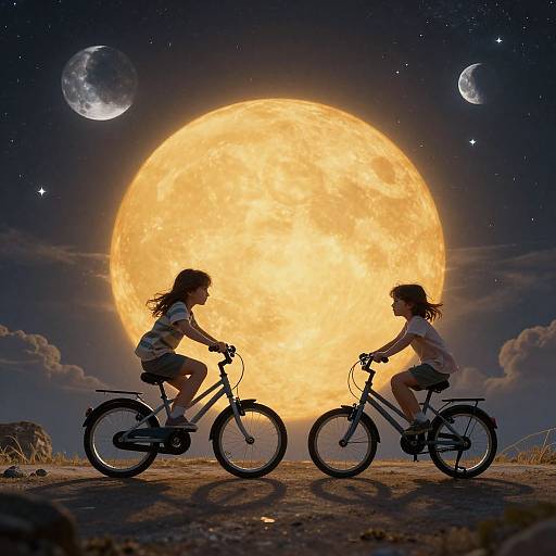 Silhouetted two girls on bikes, facing each other, against a glowing full moon, starry night sky, and two crescent moons.
