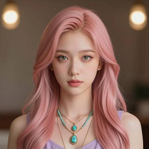 Young Woman with Long Wavy Pink Hair