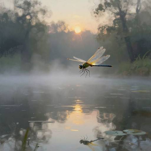 Photograph of a glowing dragonfly with translucent wings, flying over a misty, reflective lake at sunrise, surrounded by blurred trees.