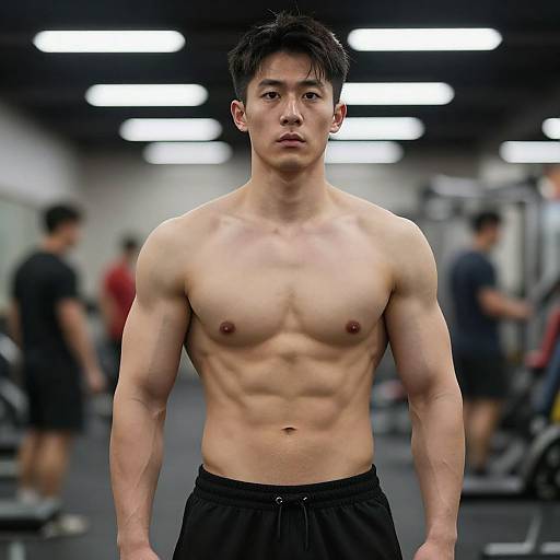 Photograph of a muscular, shirtless Asian man with short black hair, standing in a dimly lit gym, wearing black shorts, with blurred gym