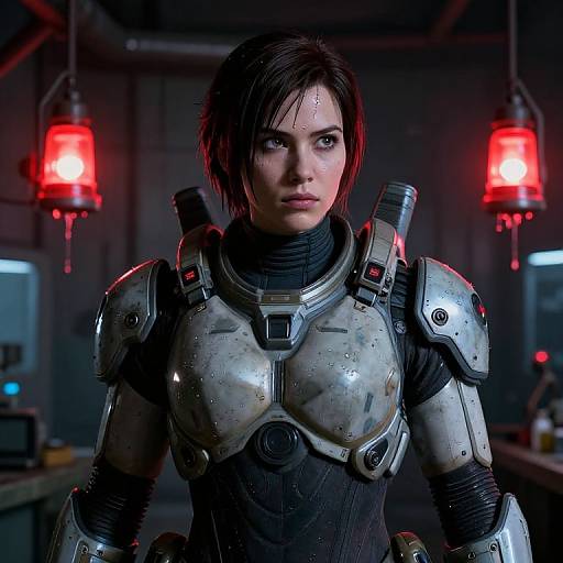 Photograph-style CGI of a serious, wet-faced, short-haired woman in metallic, dusty futuristic armor, with red glowing lights in the background.