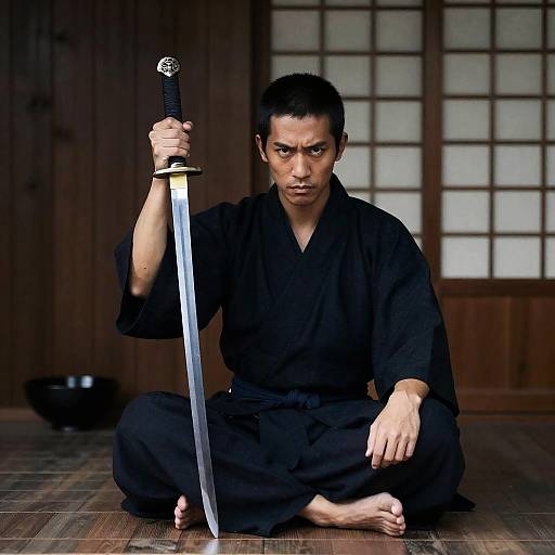 Asian Man in Traditional Clothing Holding Sword