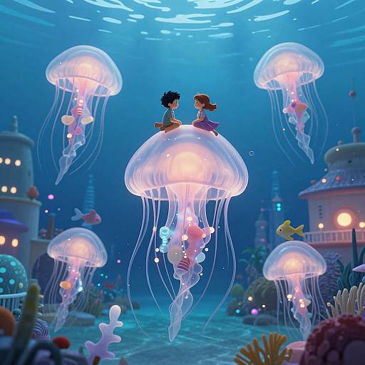 Whimsical underwater scene: Two cartoon characters sit on a glowing jellyfish, surrounded by colorful marine life and illuminated jellyfish. Vibrant, dream