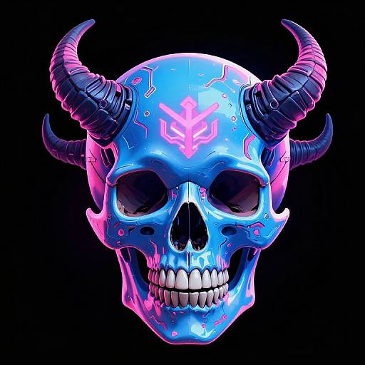 Glowing neon blue demonic skull with black, spiraled horns and pink tribal markings, set against a black background. Digital art.