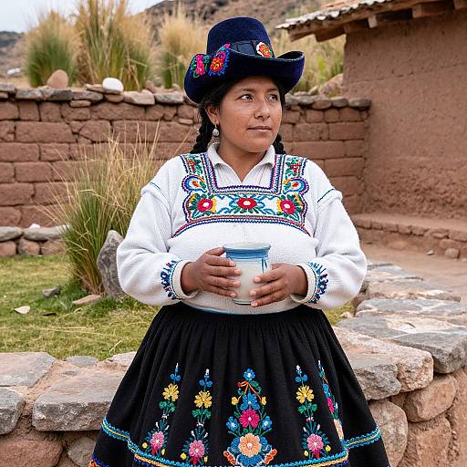Photograph of a young indigenous girl with braided hair, wearing a traditional embroidered white blouse and black skirt, holding a cup, standing in front of