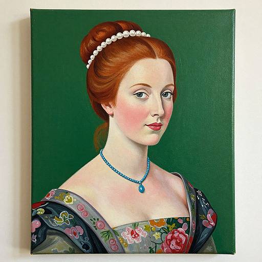 Digital painting of a fair-skinned woman with red hair, styled in an updo, wearing a floral dress, pearl headband, and blue bead