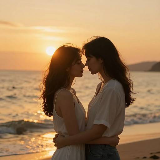 Photograph of two women in white tops, silhouetted against a sunset on a beach, embracing tenderly, with the sun behind them.