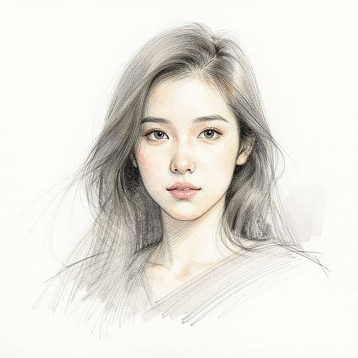 Digital sketch of a young Asian woman with long, wavy grayish-brown hair and soft pink lips, looking directly at the viewer on a white