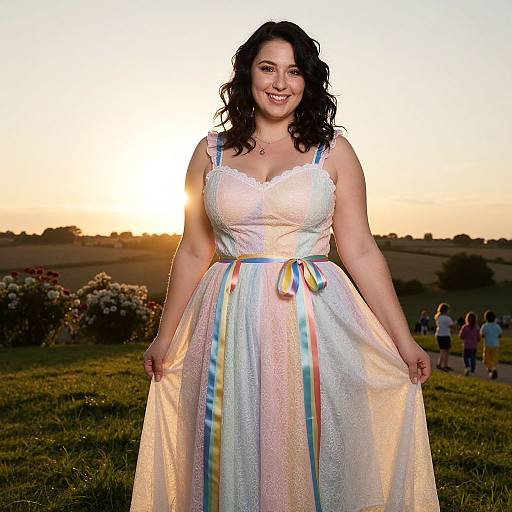 Photograph of a smiling, curvy woman with dark wavy hair in a white lace dress with rainbow ribbons, standing in a grassy field