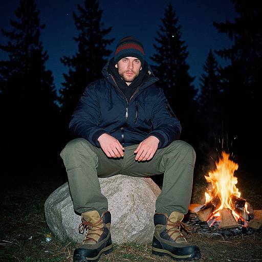 Photograph of a bearded man in a black jacket, green pants, and brown boots, sitting on a rock by a campfire at night,