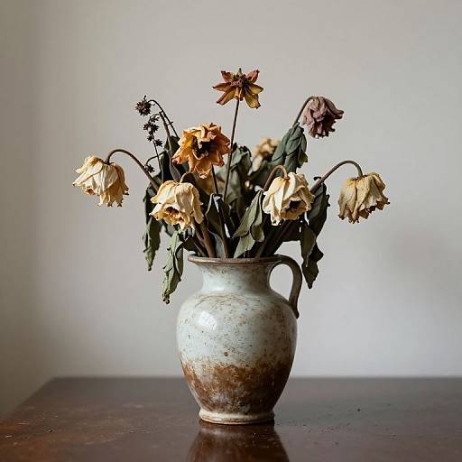 Photograph of a rustic, white ceramic vase with a textured finish, holding wilted, brown and yellow flowers, placed on a dark wooden table against