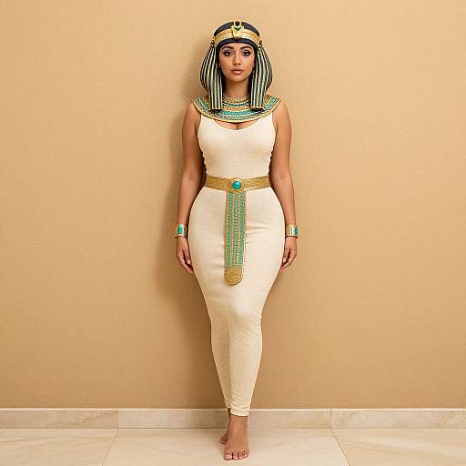 Photograph of a woman in an Egyptian-style white dress and headdress, adorned with turquoise and gold jewelry, standing against a beige wall.