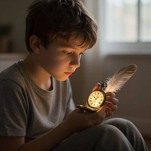 Photograph of a focused young boy with short brown hair, wearing a gray shirt, holding a vintage clock with a feather, illuminated by soft sunlight from