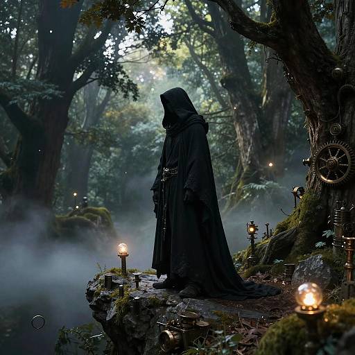 Mysterious hooded figure in black cloak stands among glowing candles in misty, enchanted forest with towering trees and soft, ethereal light.