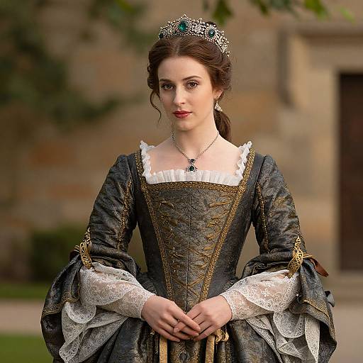 Photorealistic portrait of a fair-skinned woman with dark hair, wearing an intricate Renaissance-style dress, white lace sleeves, silver tiara, and