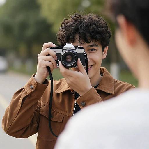 Young Man with Vintage Camera Outdoors