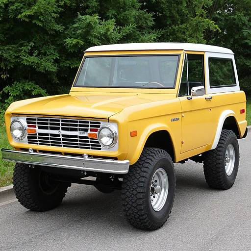 Photograph of a bright yellow, vintage, lifted Jeep with white roof and large black tires, parked on a gravel road with lush green trees in the