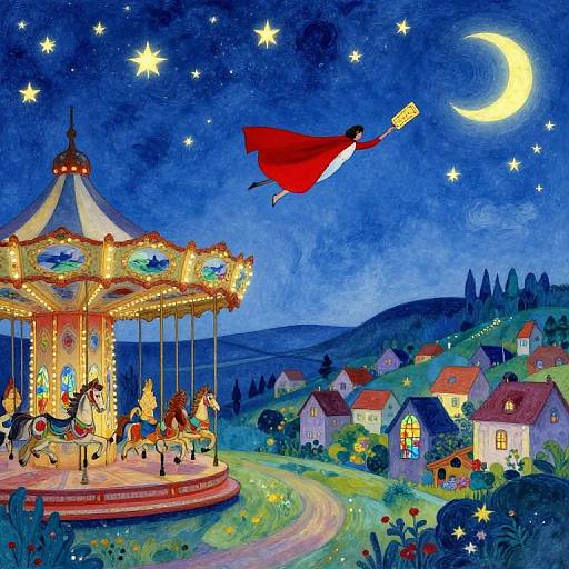 Whimsical night scene: flying witch in red cape and yellow broomstick above colorful carousel, starry sky, crescent moon, quaint village
