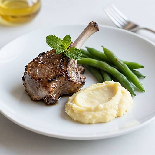 Photograph of a grilled pork chop with a mint garnish, served with green beans and creamy mashed potatoes on a white plate.