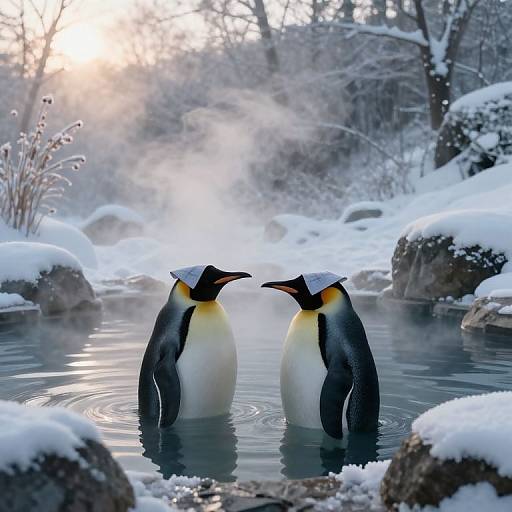 Surreal Penguins in Icy Onsen