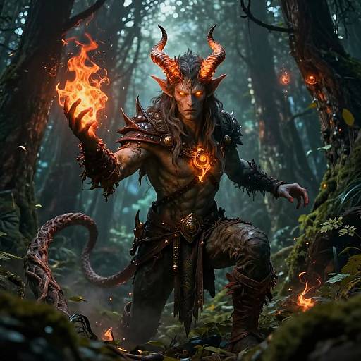 Digital artwork of a muscular, horned demon with fiery eyes, wielding flames in a dark, misty forest; adorned with spiked armor and a glowing
