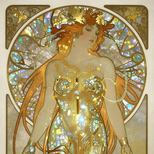 Art Nouveau Android Muse with Gold-Leaf Circuitry