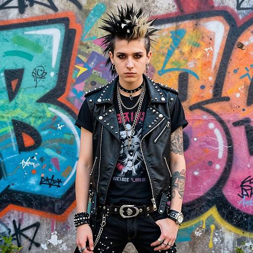 Photograph of a punk boy with spiky blonde and black hair, black leather vest, studded accessories, tattoos, standing in front of colorful graffiti