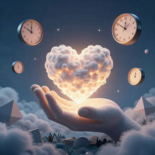 Photograph-like CGI of a glowing heart-shaped cloud in a hand, surrounded by floating clocks, pyramids, and clouds at night.