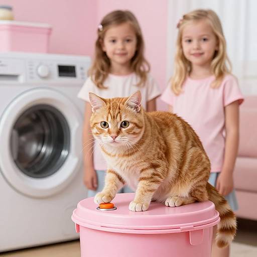 Ginger Cat Pressing Button with Girls