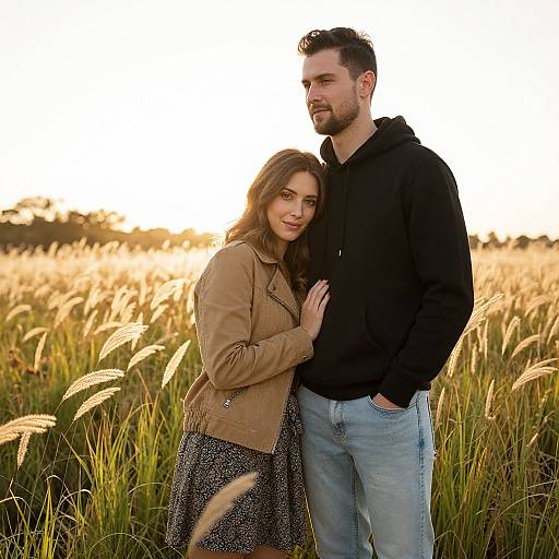 Photograph of a couple standing in a golden field of tall grass at sunset. Woman in brown jacket and black-and-white skirt, man in black hoodie