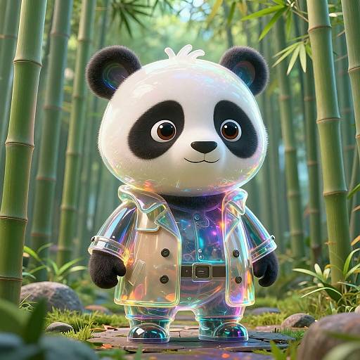 CGI cartoon panda in a colorful, transparent raincoat standing in a sunlit bamboo forest with green foliage and rocks.