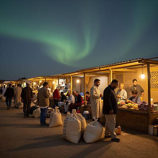 Photograph of a nighttime market under the Northern Lights, with lit stalls, customers, and large white sacks on the ground.