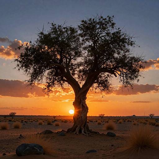 Photograph of a silhouetted acacia tree at sunset in a desert, with a bright orange sky, scattered clouds, and dry grasses