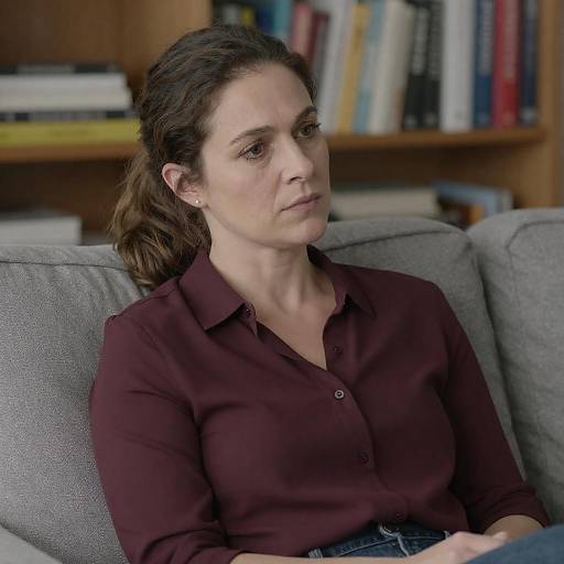 Contemplative Woman on Grey Couch