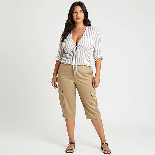 Photograph of a plus-size woman with long black hair, wearing a white striped blouse, beige capri pants, and black sandals, standing against a