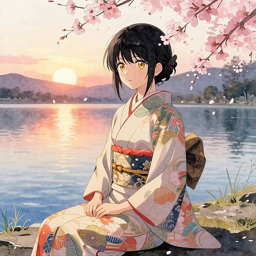 Anime Girl by Serene Sunset Lake