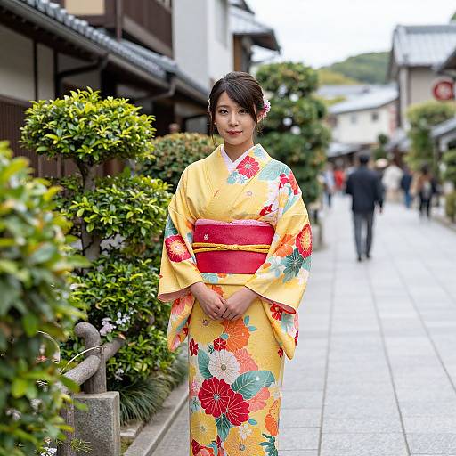 Woman in Vibrant Floral Kimono