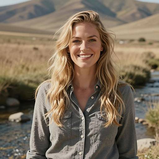 Smiling Woman by Stream Outdoors