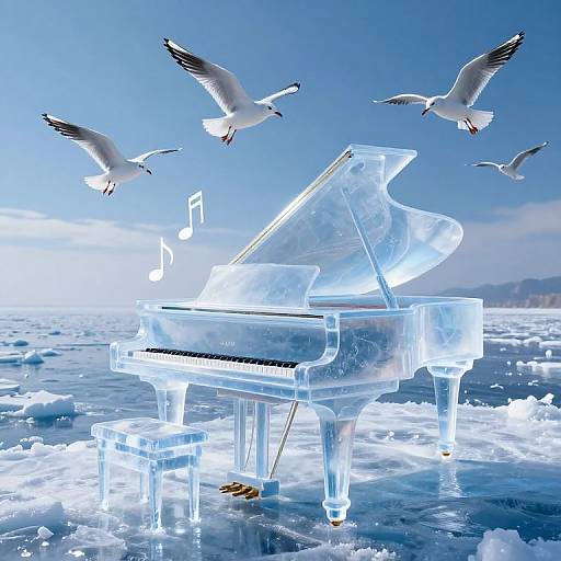 Photorealistic digital art of a glowing, transparent grand piano on icy sea, with three white seagulls flying overhead. Musical notes float above.
