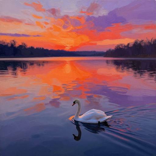 Photograph of a white swan gliding on a calm lake at sunset, with vibrant orange, purple, and pink clouds reflecting on the water.