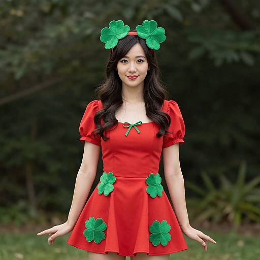 Photograph of an Asian woman with long black hair, wearing a red dress with green clover accents and matching headpiece, standing in a green,