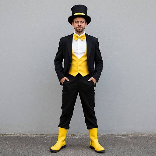 Photograph of a man in a black top hat, black suit, white shirt, yellow vest, bow tie, and yellow rain boots, standing confidently